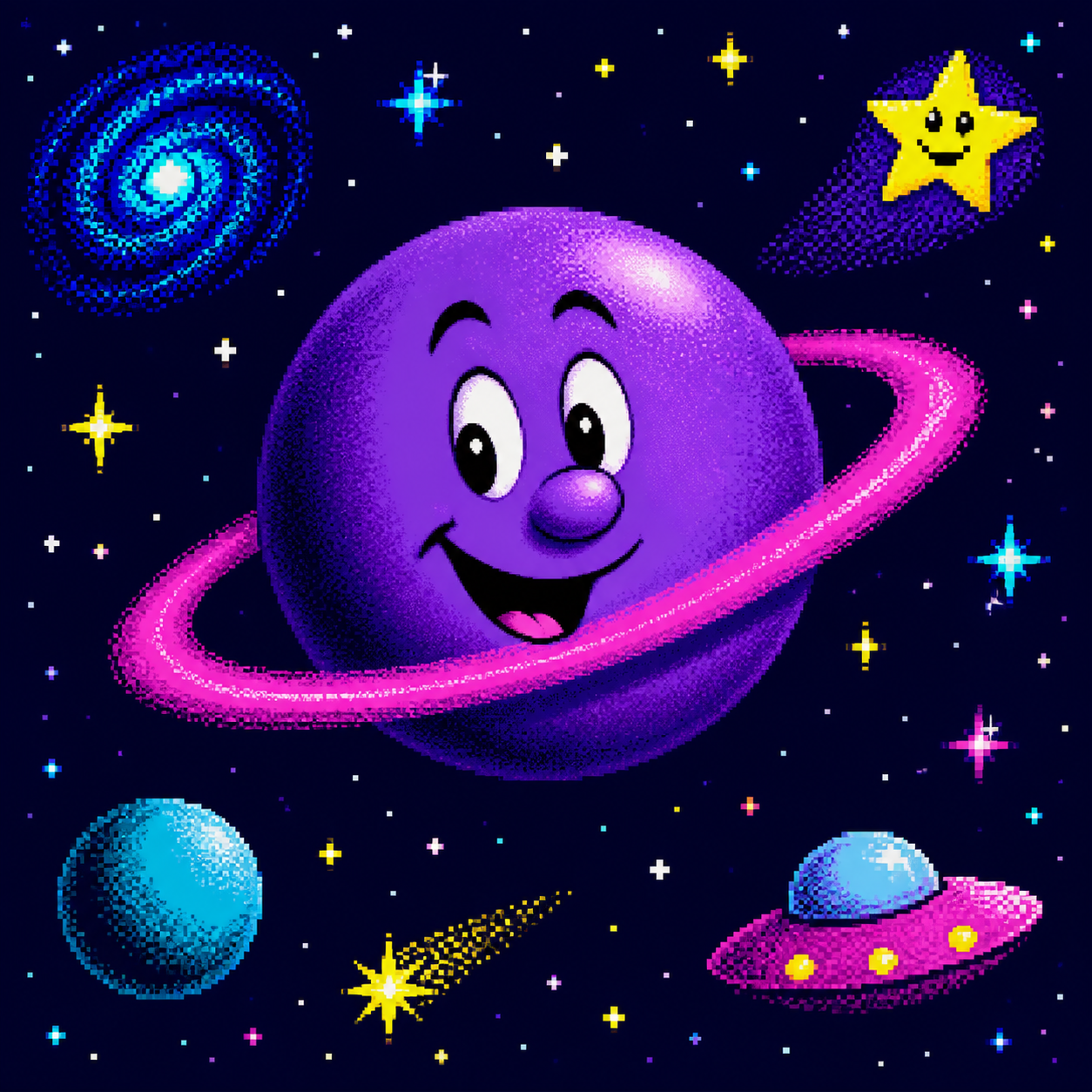 A smiling purple planet floating among bright pixel stars