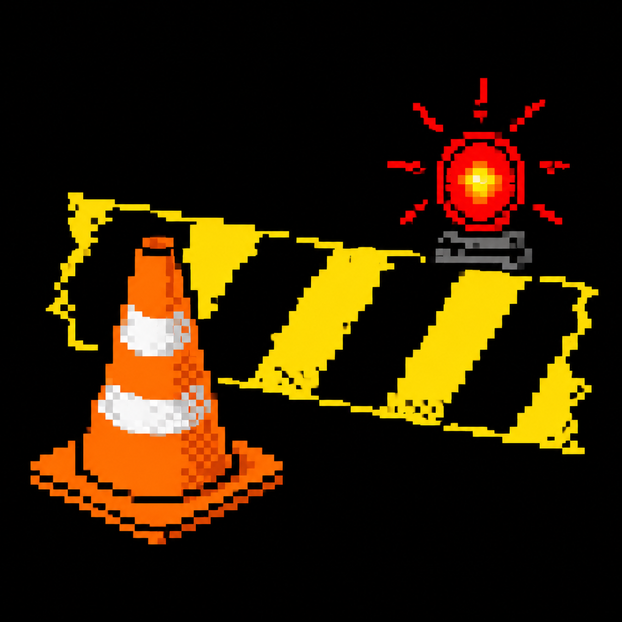 Pixel-art traffic cone and caution light